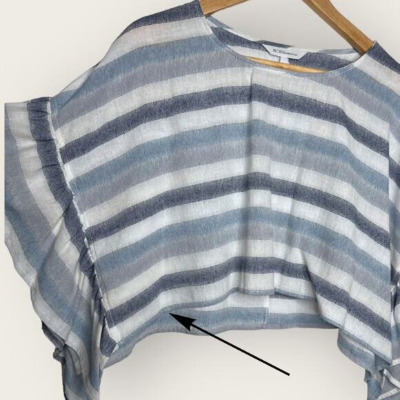 BCBGeneration Striped Crop Top | XXS | Blue White Flutter Sleeve Cotton Gauze - Picture 4 of 8